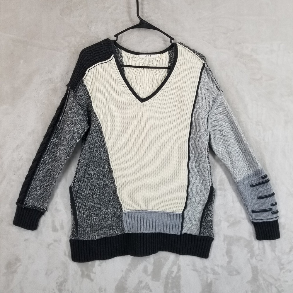 Ost‎ Sweater Women M Gray Cashmere Cotton Colorblock Mixed Media V Neck Casual